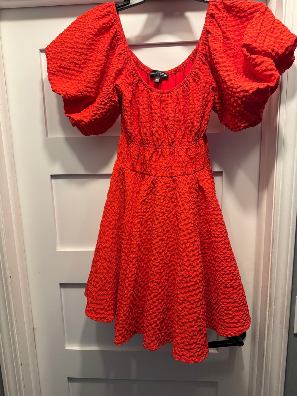 Crystal Doll Vibrant Red Textured Puff-Sleeve Mini Dress